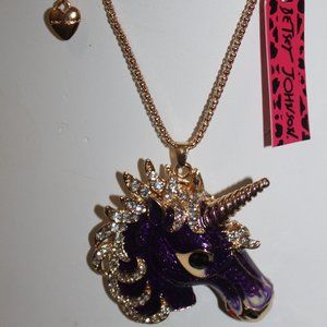 Betsey Johnson Clear Crystal Mane, Purple Enamel Unicorn Necklace